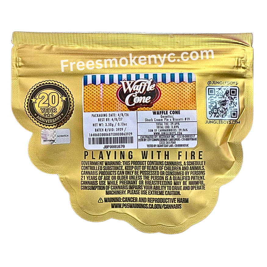 Jungle Boys hybrid strain Waffle Cone product packaging and info on a transparent background 