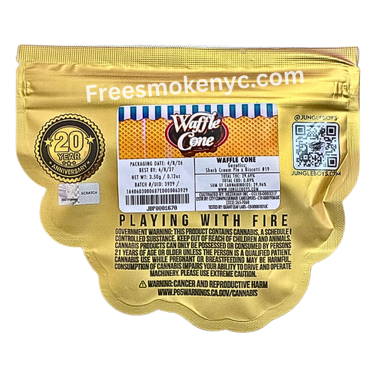Jungle Boys hybrid strain Waffle Cone product packaging and info on a transparent background 