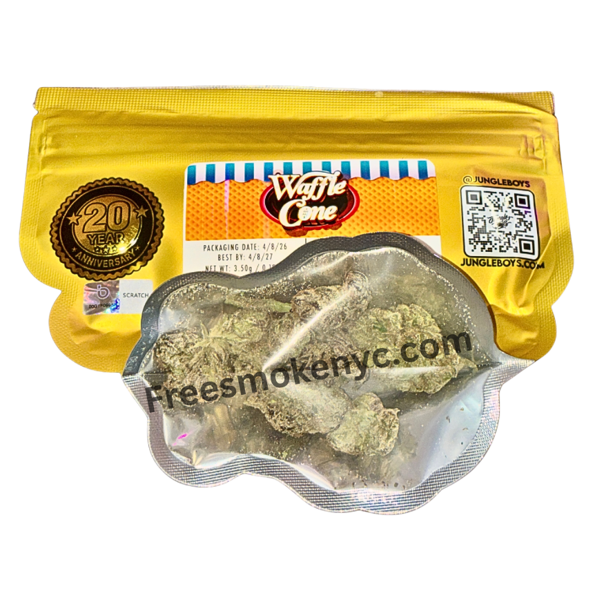 Jungle Boys hybrid strain Waffle Cone product packaging and cannabis flower on a transparent background 