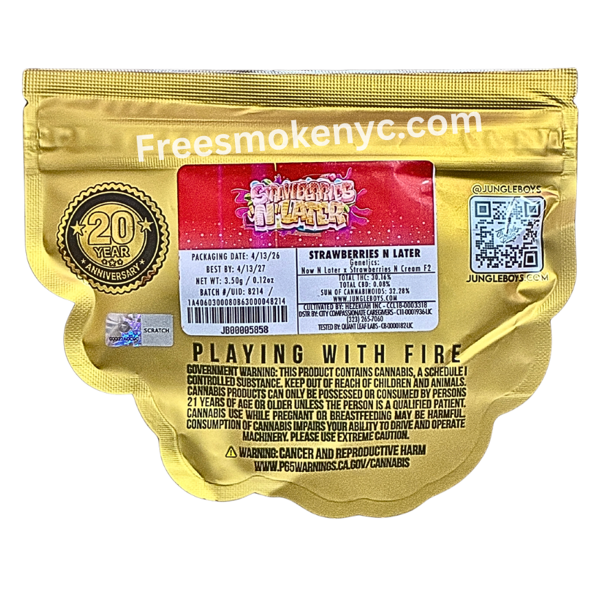 Jungle Boys hybrid strain Strawberries n Later product packaging and info on a transparent background 