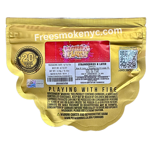 Jungle Boys hybrid strain Strawberries n Later product packaging and info on a transparent background 
