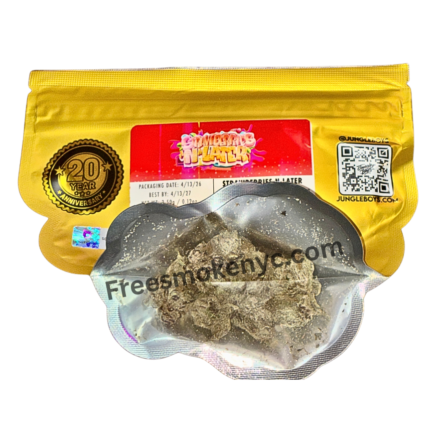 Jungle Boys hybrid strain Strawberries n Later product packaging cannabis flower info on a transparent background 