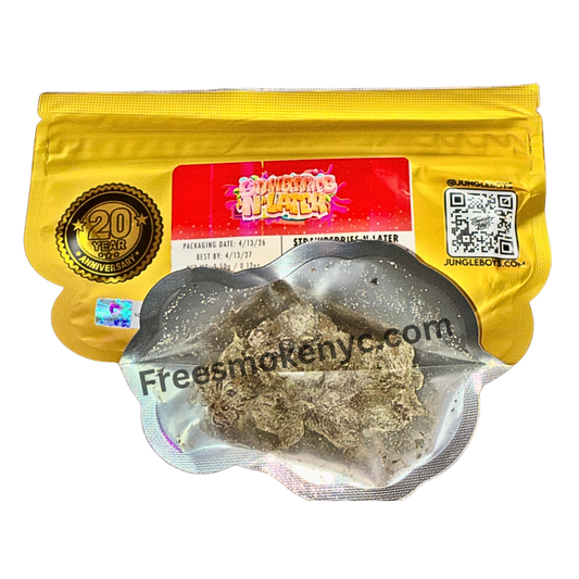Jungle Boys hybrid strain Strawberries n Later product packaging cannabis flower info on a transparent background 