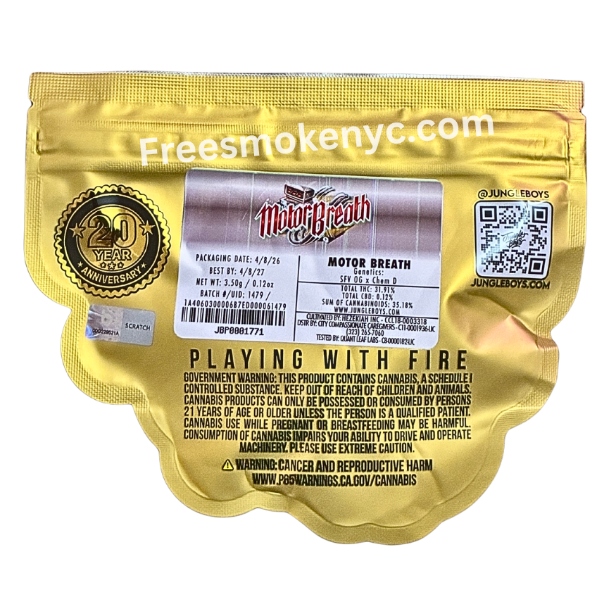 Jungle Boys hybrid strain Motor Breath product packaging and info on a transparent background 