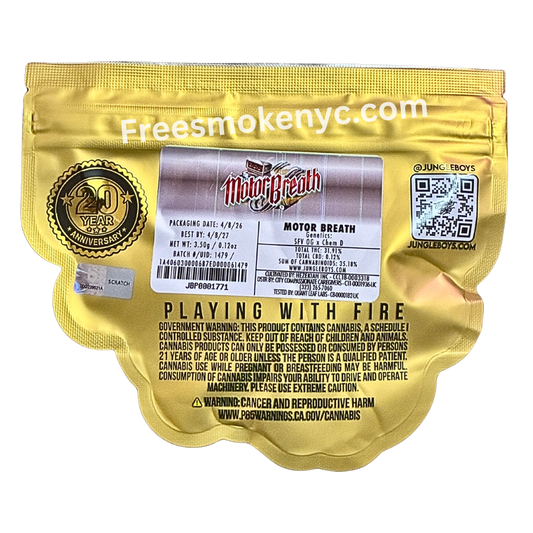 Jungle Boys hybrid strain Motor Breath product packaging and info on a transparent background 