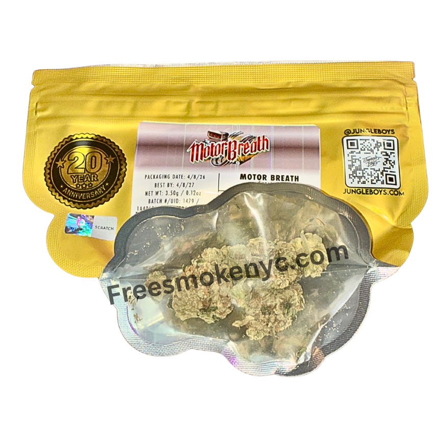 Jungle Boys hybrid strain Motor Breath product packaging and cannabis flower on a transparent background 
