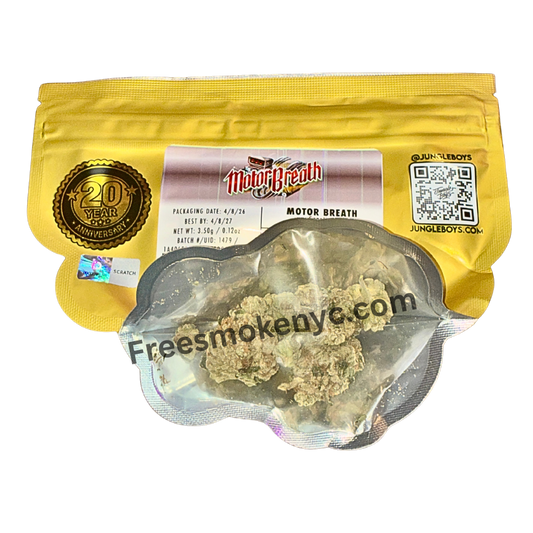 Jungle Boys hybrid strain Motor Breath product packaging and cannabis flower on a transparent background 