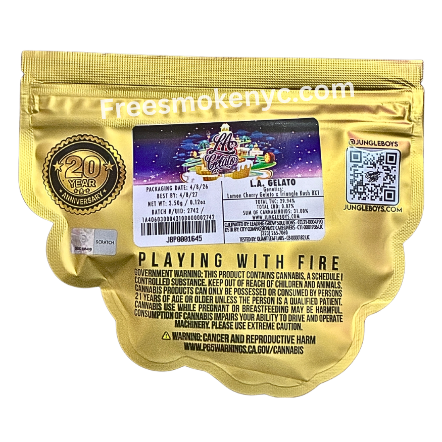 Jungle Boys hybrid strain L.A GELATO product packaging and info on a transparent background 