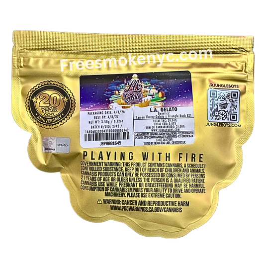 Jungle Boys hybrid strain L.A GELATO product packaging and info on a transparent background 