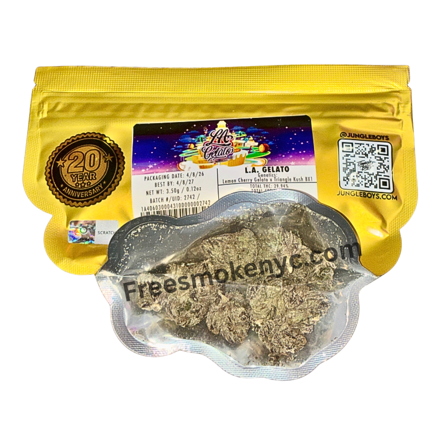 Jungle Boys hybrid strain L.A GELATO product packaging and cannabis flower on a transparent background 