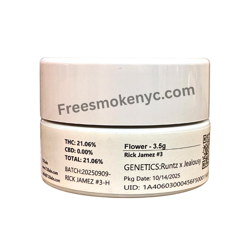 710 Labs cannabis flower Rick Jamez #3 Hybrid strain packaging and info on a transparent background 