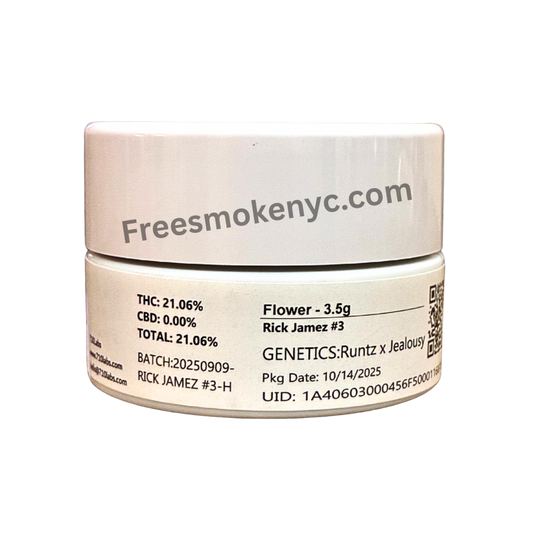 710 Labs cannabis flower Rick Jamez #3 Hybrid strain packaging and info on a transparent background 