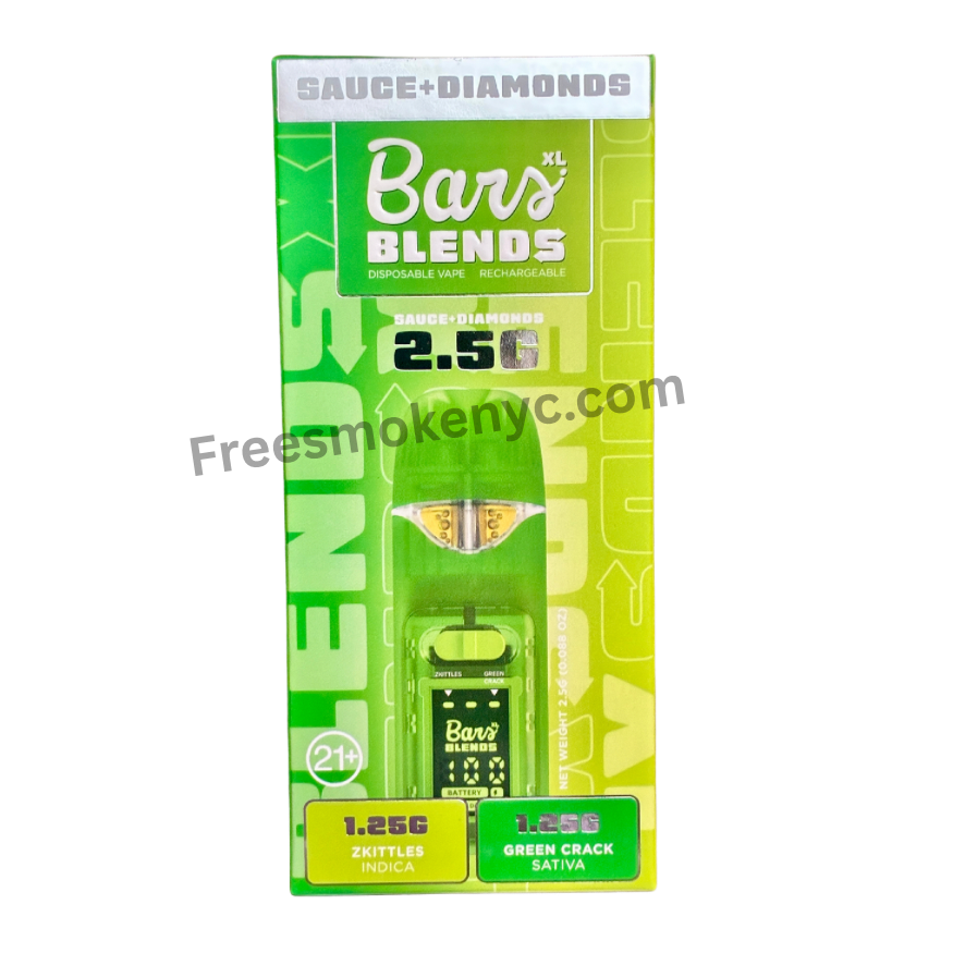 BARS Blends 2.5g 2 in 1 Disposable Vape Pen packaging on a transparent background 