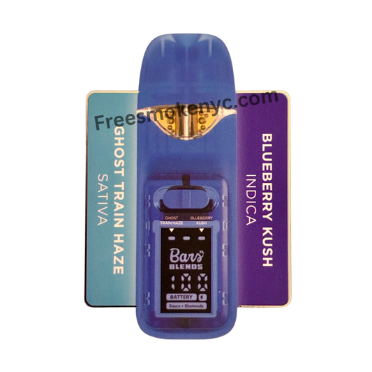 BARS Blends Ghost Train Haze and Blueberry Kush 2.5g 2 in 1 Disposable Vape Pen on a transparent background 