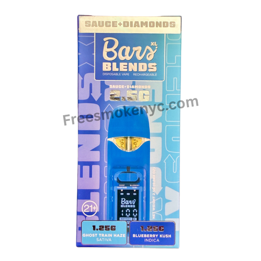 BARS Blends Ghost Train Haze and Blueberry Kush 2.5g 2 in 1 Disposable Vape packaging on a transparent background 