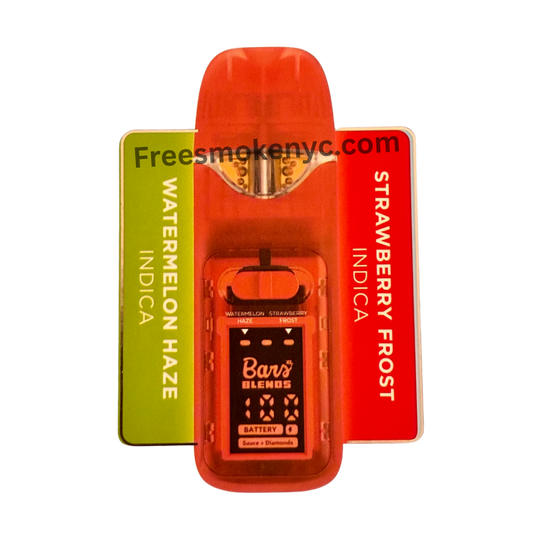 BARS Blends Watermelon Haze and Strawberry Frost 2.5g 2 in 1 Disposable Vape Pen on a transparent background 