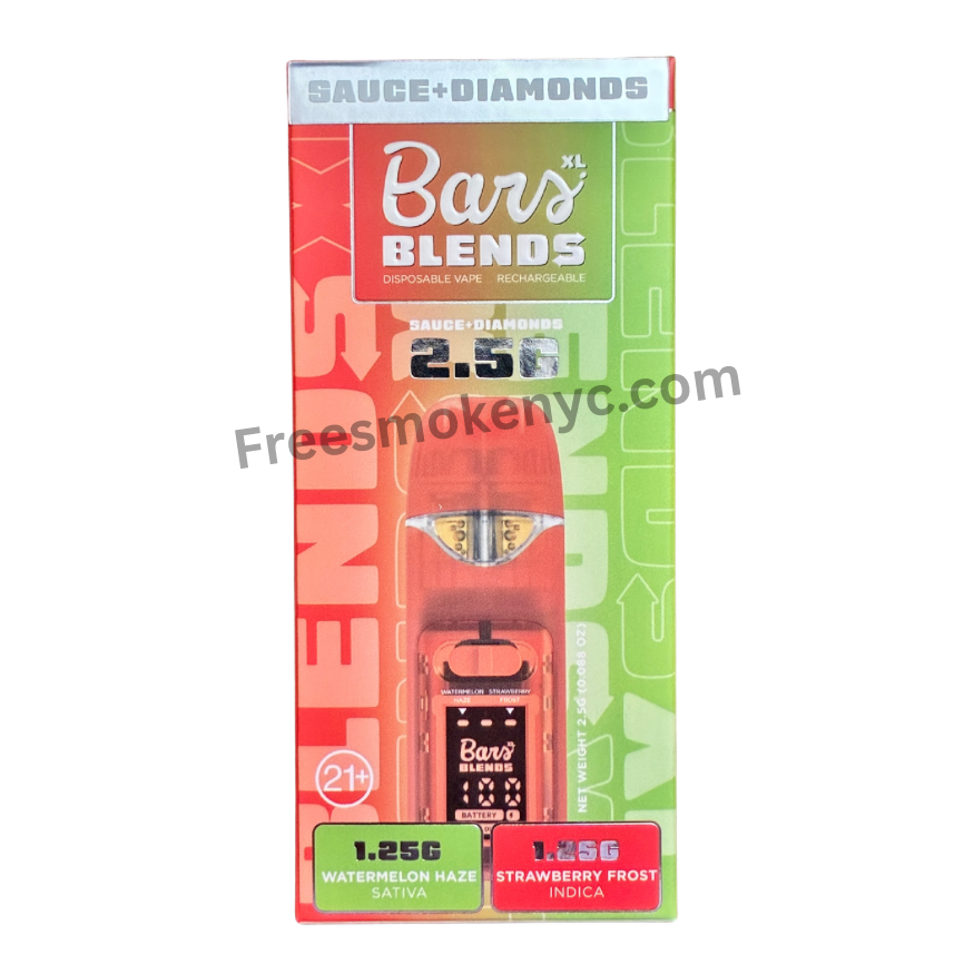 BARS Blends Watermelon Haze and Strawberry Frost 2.5g 2 in 1 Disposable Vape packaging on a transparent background 