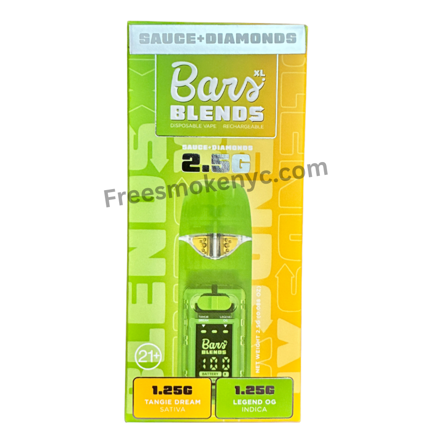 BARS Blends Tangie Dream and Legend OG 2.5g 2 in 1 Disposable Vape packaging on a transparent background 