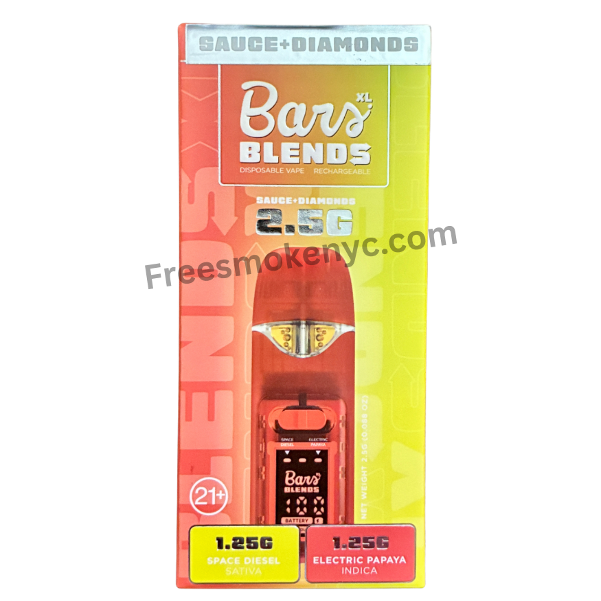 BARS Blends Space Diesel and Electric Papaya 2.5g 2 in 1 Disposable Vape packaging on a transparent background 