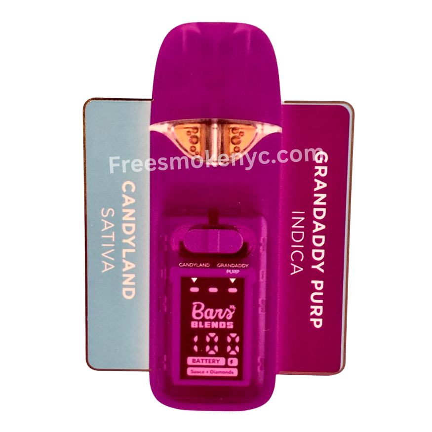 BARS Blends Candyland and Grandaddy Purp 2.5g 2 in 1 Disposable Vape Pen on a transparent background 