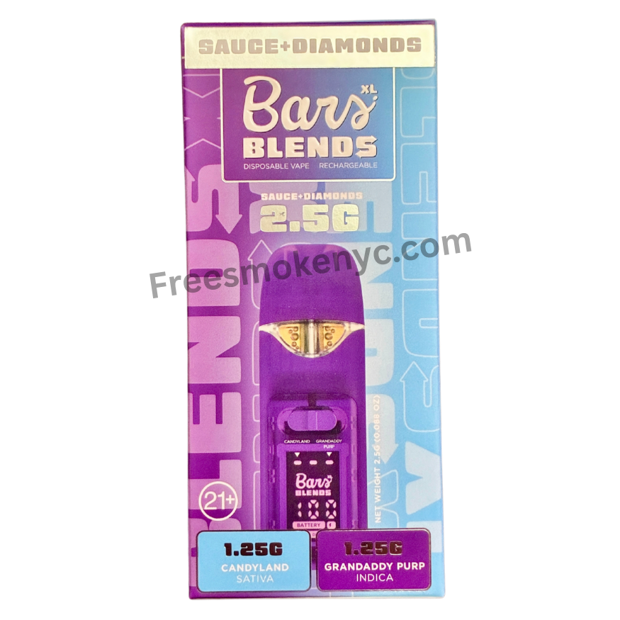 BARS Blends Candyland and Grandaddy Purp 2.5g 2 in 1 Disposable Vape packaging on a transparent background 