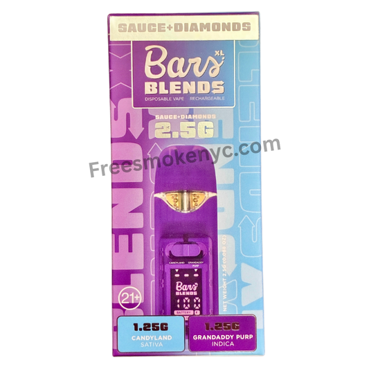 BARS Blends Candyland and Grandaddy Purp 2.5g 2 in 1 Disposable Vape packaging on a transparent background 