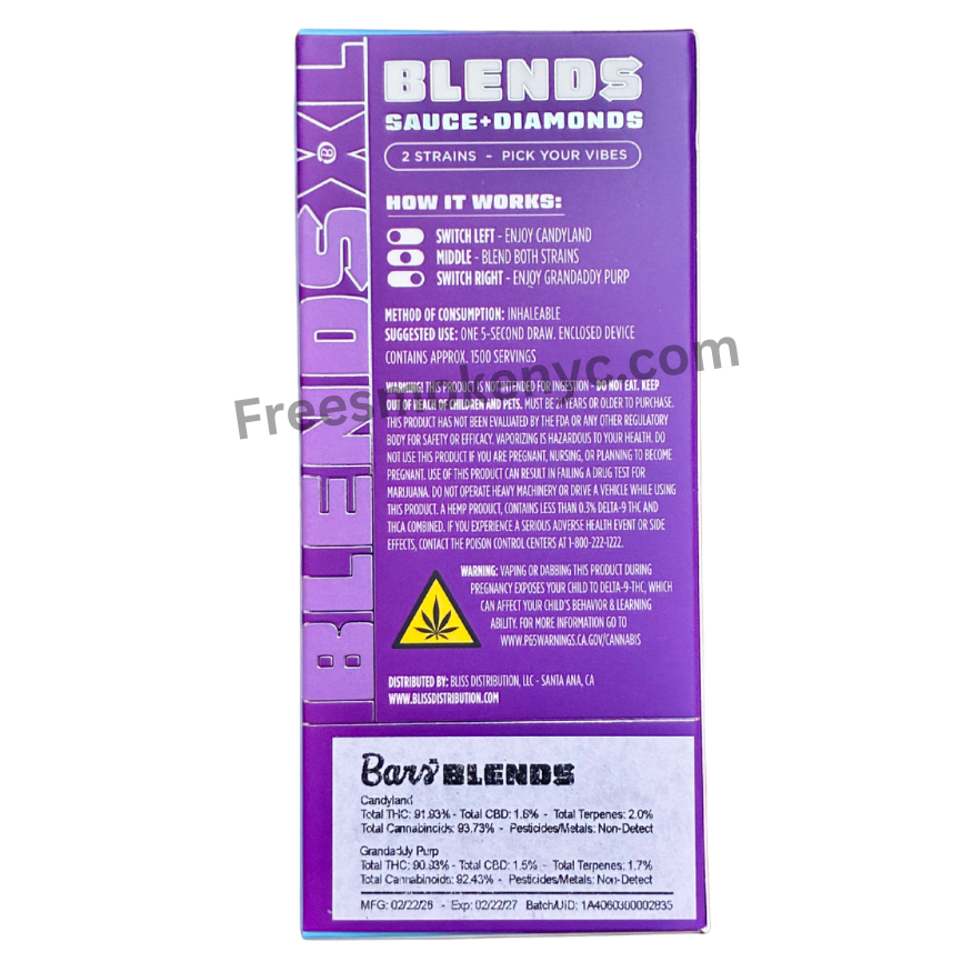 BARS Blends Candyland and Grandaddy Purp 2.5g 2 in 1 Disposable Vape packaging and info on a transparent background 