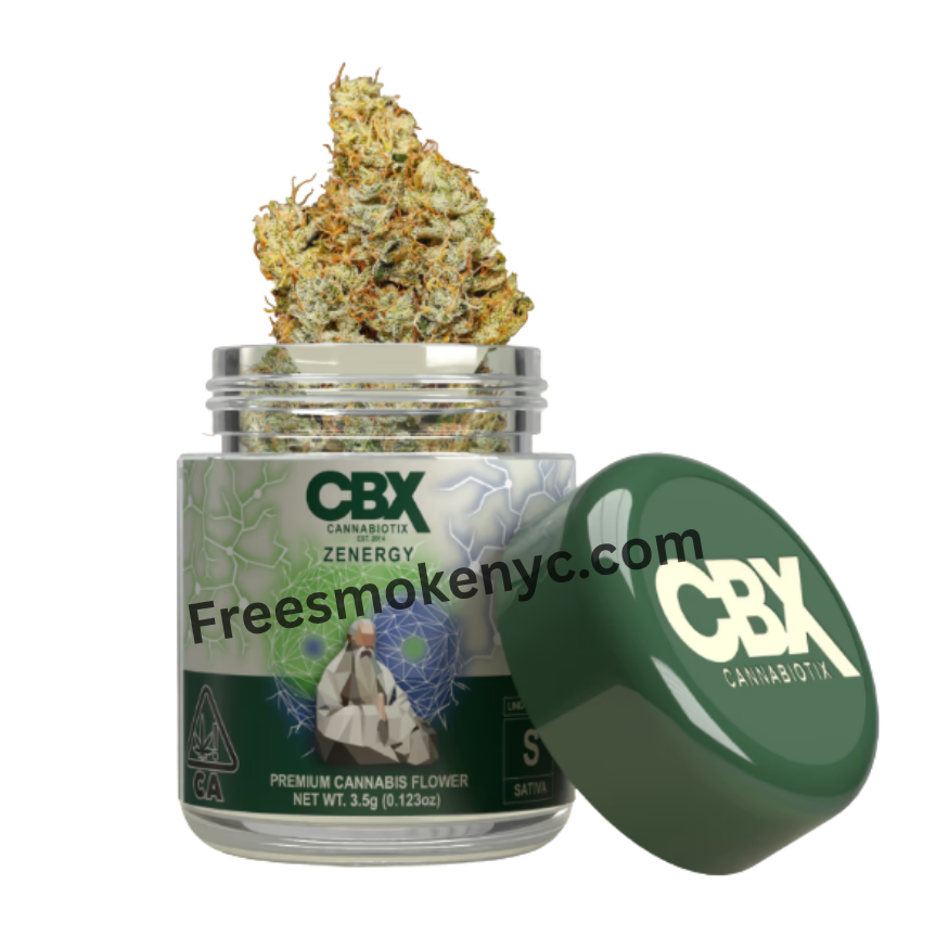 CBX 98 Zenergy sativa cannabis flower and packaging on transparent background 