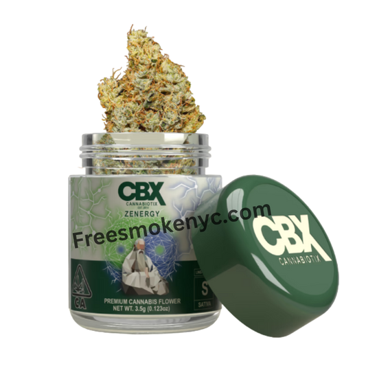 CBX 98 Zenergy sativa cannabis flower and packaging on transparent background 