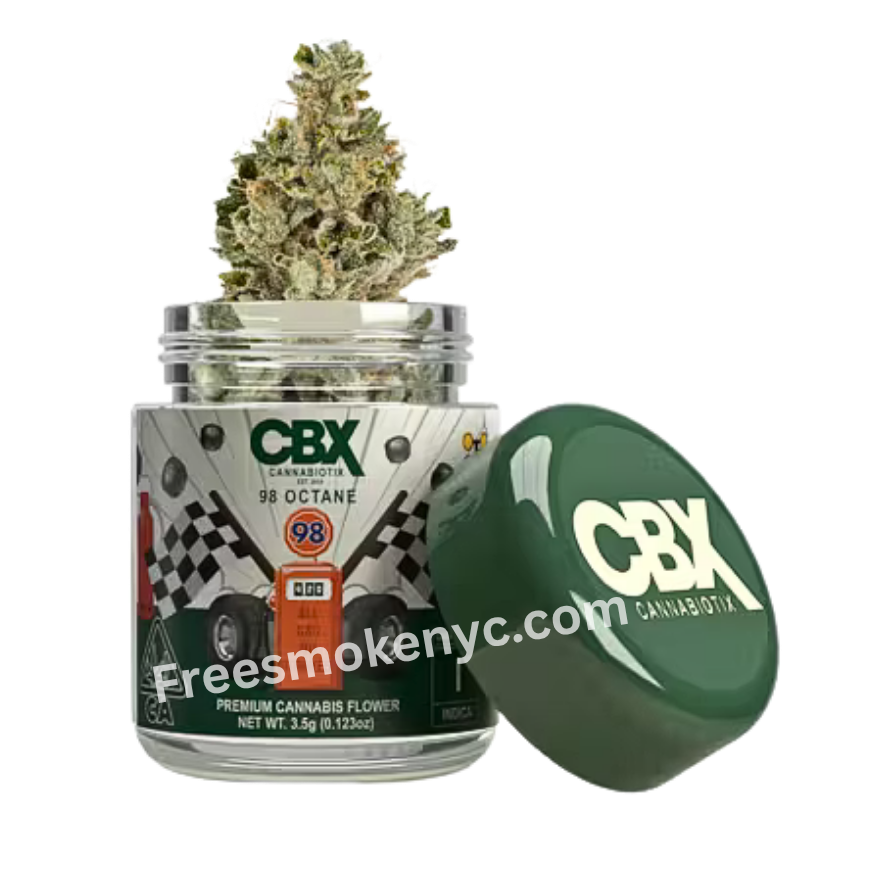CBX 98 Octane indica cannabis flower and packaging on transparent background 
