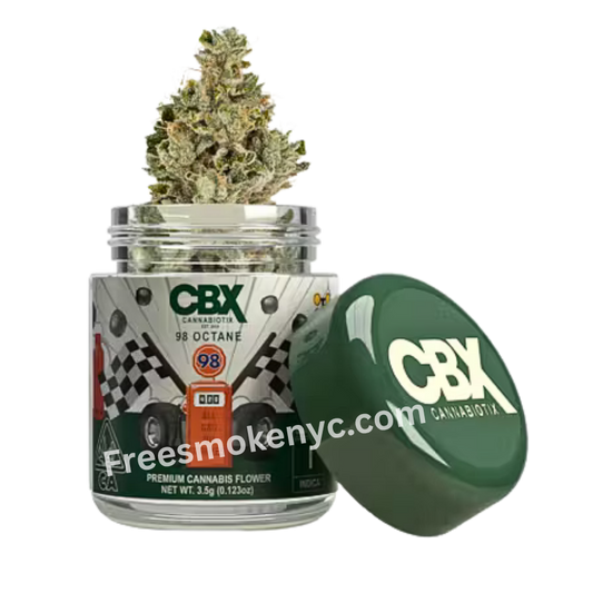 CBX 98 Octane indica cannabis flower and packaging on transparent background 