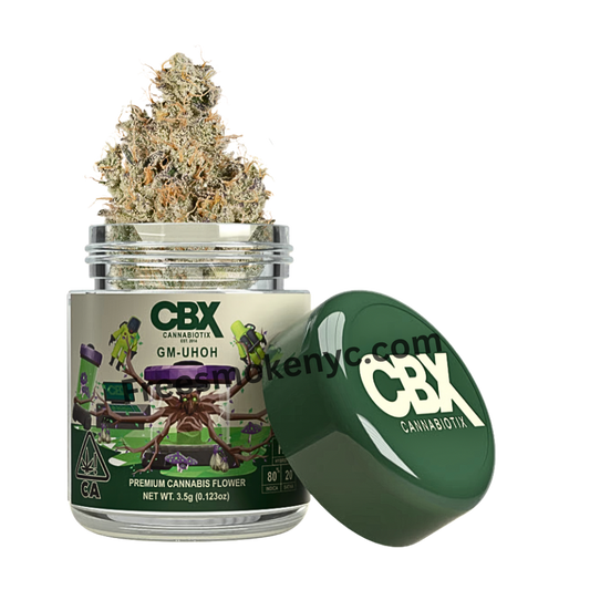 CBX GM-UHOH hybrid cannabis flower and packaging on a transparent background 
