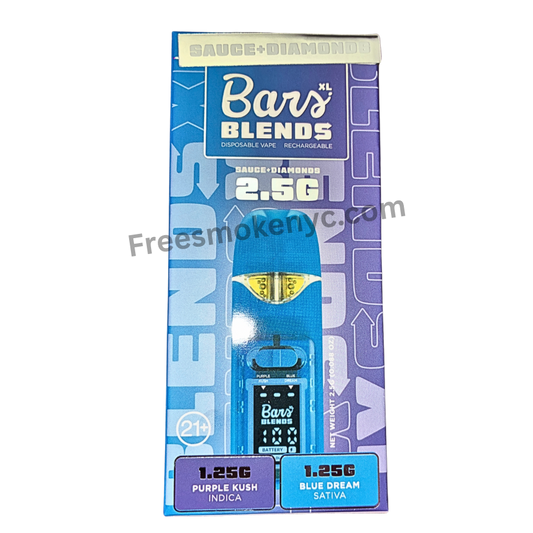 Bars Blends 2.5g Disposable Purple Kush and Blue Dream product packaging on transparent background 