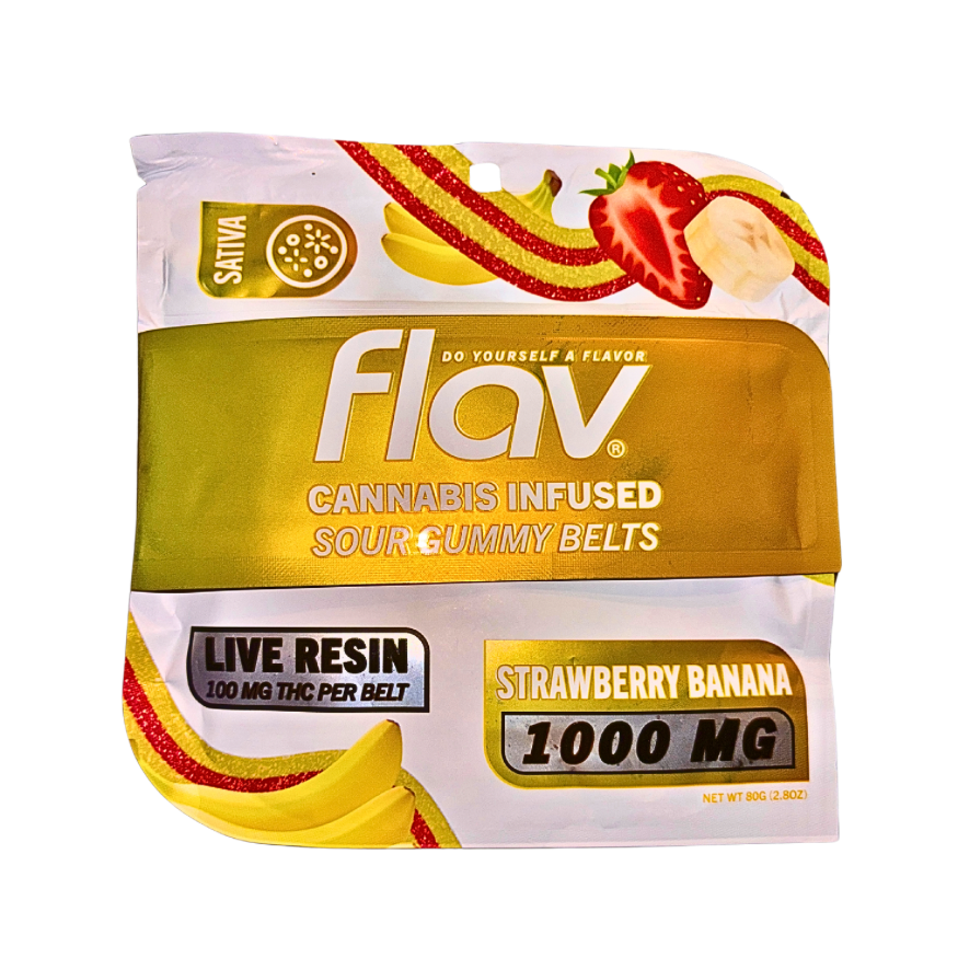 FLAV "STRAWBERRY BANANA" SOUR GUMMY BELTS; 1000mg per pack 
