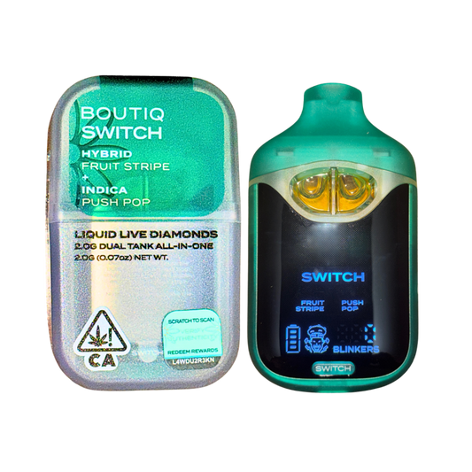 BOUTIQ SWITCH V4 "FRUIT STRIPE" x "PUSH POP" 2G DUAL TANK DISPOSABLE; HYBRID/INDICA BLEND