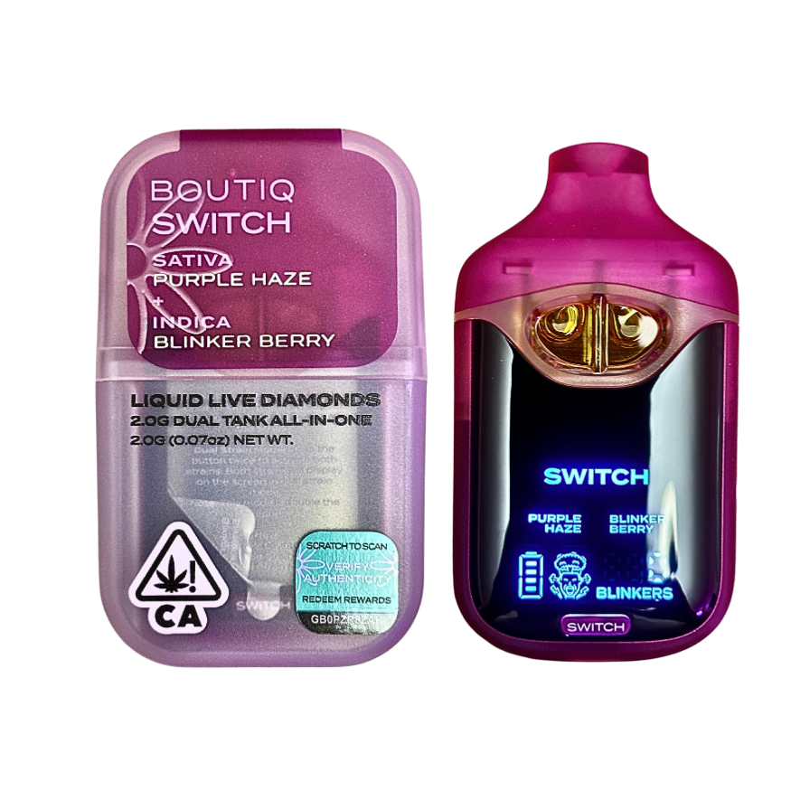 BOUTIQ SWITCH V4 "PURPLE HAZE" X "BLINKER BERRY" 2G DUAL TANK DISPOSABLE; SATIVA/HYBRID BLEND