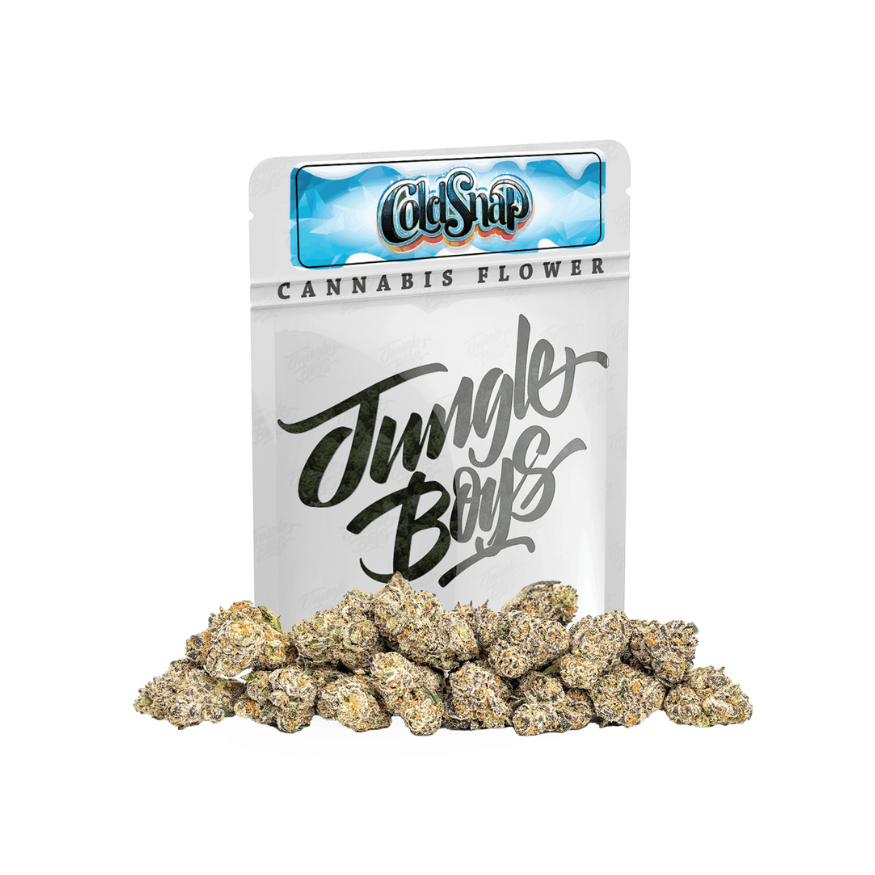 Frosty Cold Snap cannabis buds and Jungle Boys packaging on a transparent background.