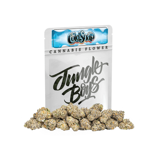 Frosty Cold Snap cannabis buds and Jungle Boys packaging on a transparent background.