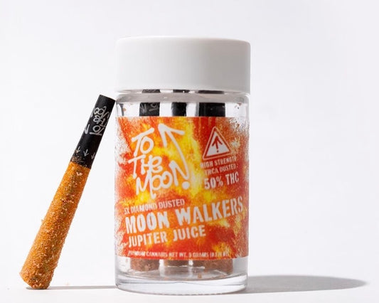 TO THE MOON - MOONWALKERS EDITION  "JUPITER JUICE"  5 INFUSED DIAMOND DUSTED PRE-ROLLS  1G PER JOINT - 5G JAR  HYBRID