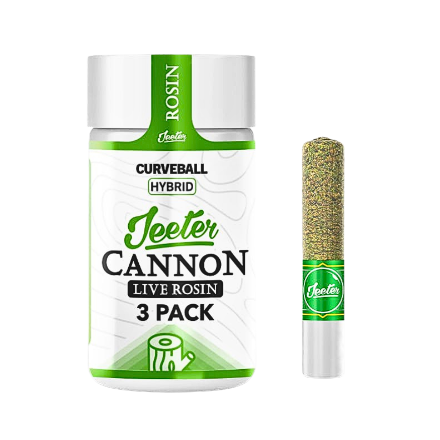 Jeeter Cannon Curveball hybrid live rosin jar on a transparent background