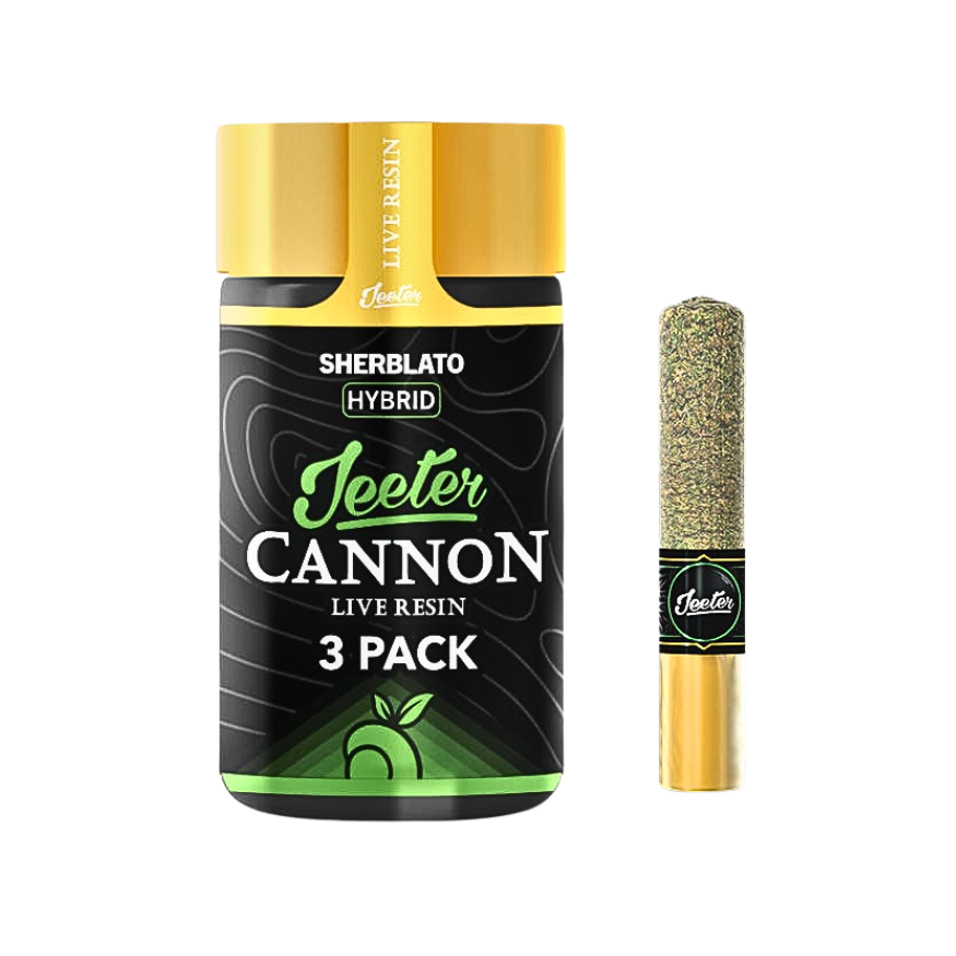 Jeeter Cannon Sherblato hybrid live rosin jar on a transparent background