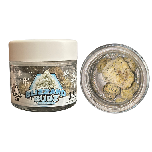 Blizzard Budz 'Mango Lassi' infused cannabis flower, hybrid strain. 3.5g jar.