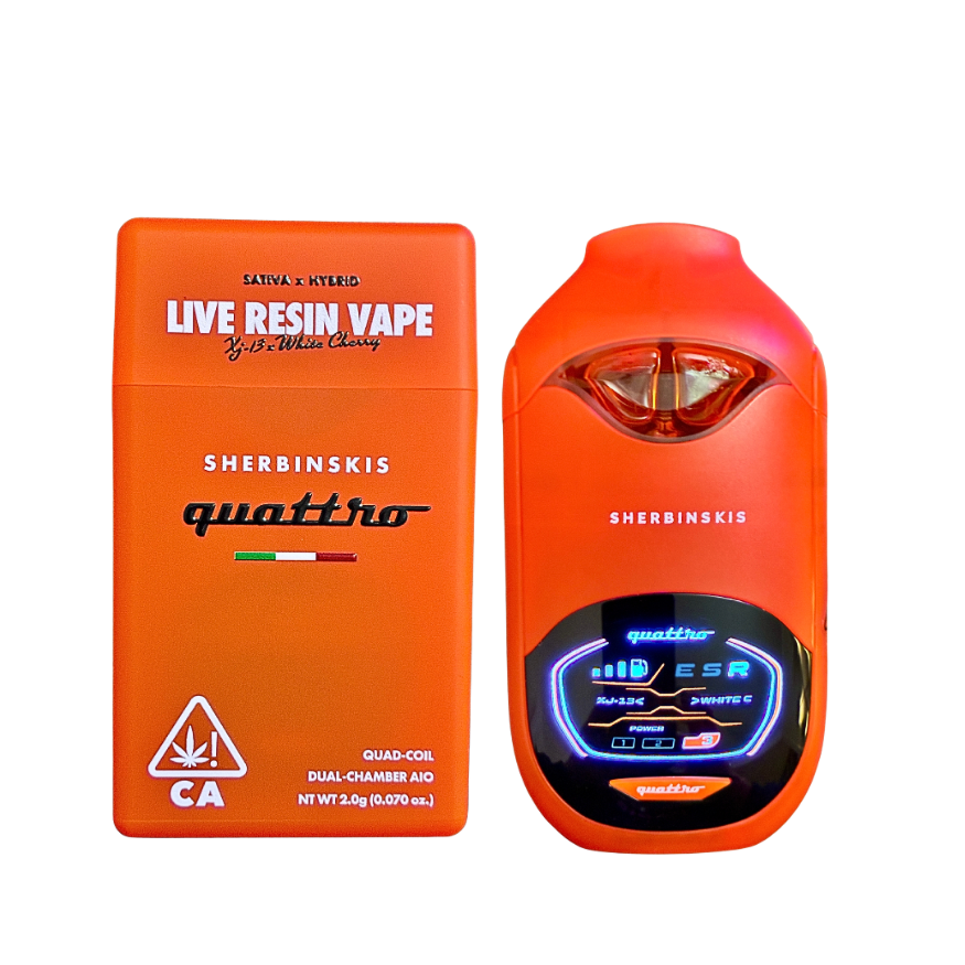 Sherbinskis Quattro Vape with digital screen, featuring XJ-13 and White Cherry strains on a transparent background