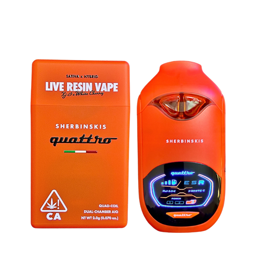 Sherbinskis Quattro Vape with digital screen, featuring XJ-13 and White Cherry strains on a transparent background