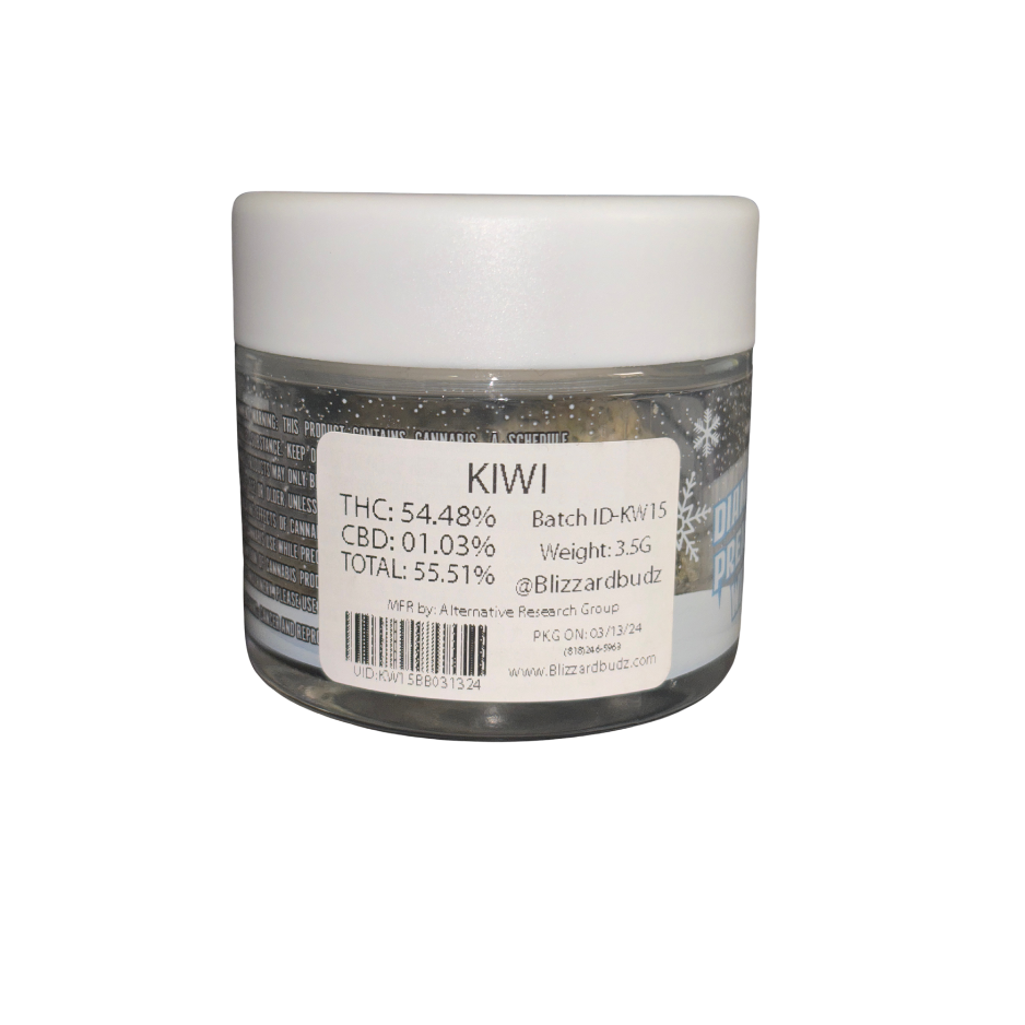 Blizzard Budz 'Kiwi' Infused cannabis flower, hybrid strain. 3.5g jar.